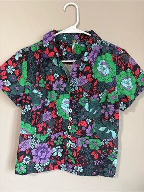 Free People Black Floral Button-Up Crop Top with Green, Purple & Red Flowers